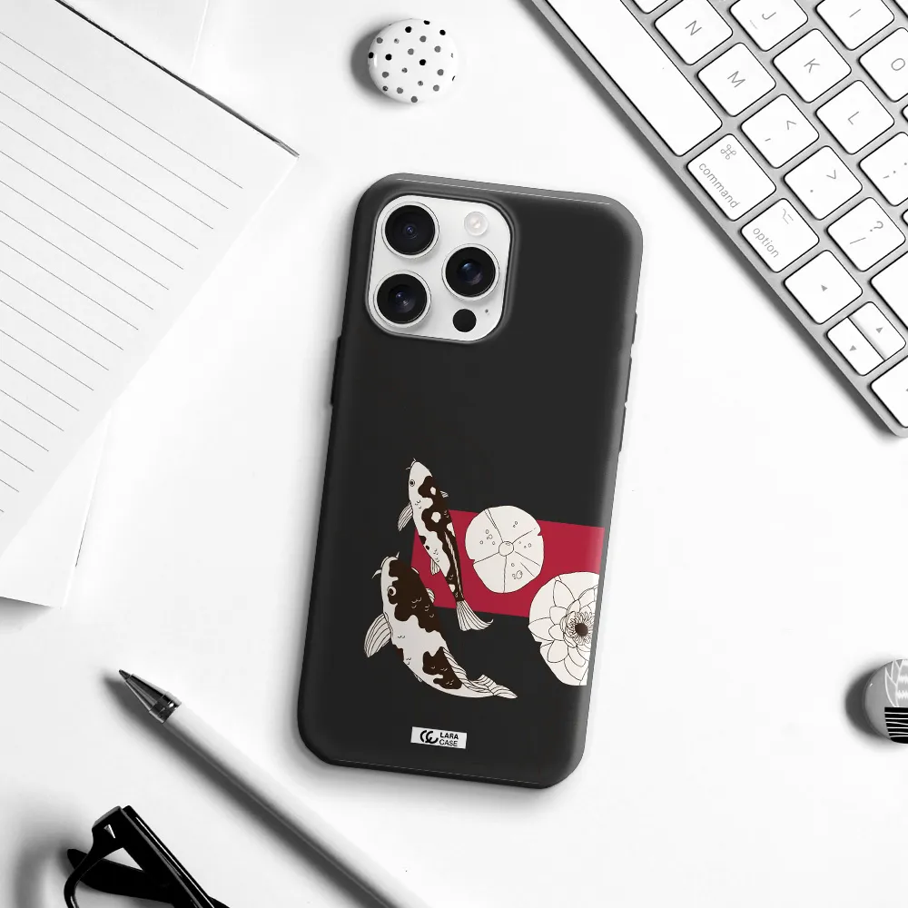 A Black And White Illustration Of Fish And Flowers Apple Iphone 16 Pro Max Silicone Black Case