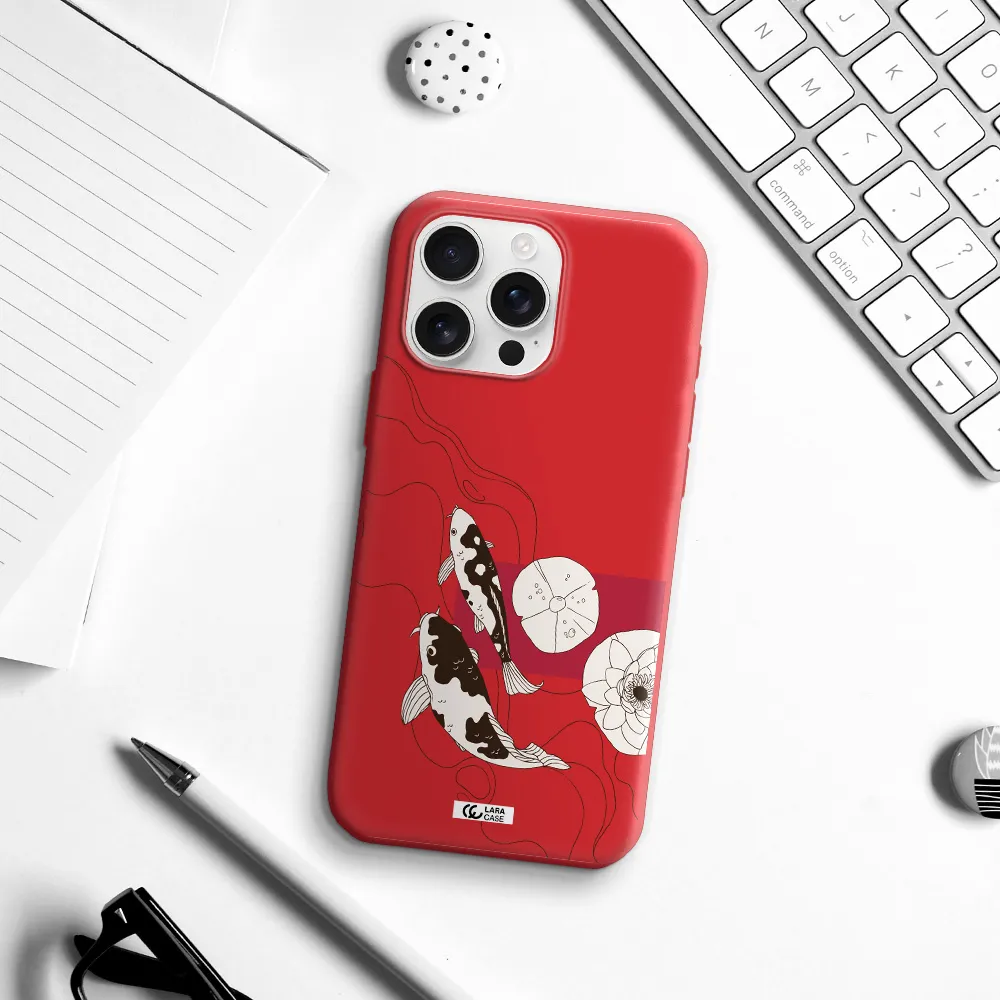 A Black And White Illustration Of Fish And Flowers Apple Iphone 16 Pro Max Silicone Imperial Red Case