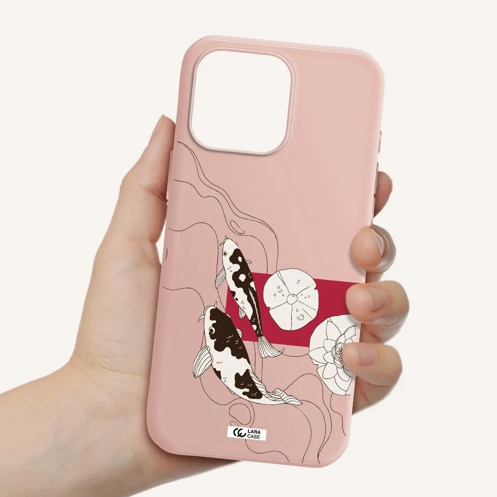 A Black And White Illustration Of Fish And Flowers Apple Iphone 16 Pro Max Silicone Pastel Pink Case