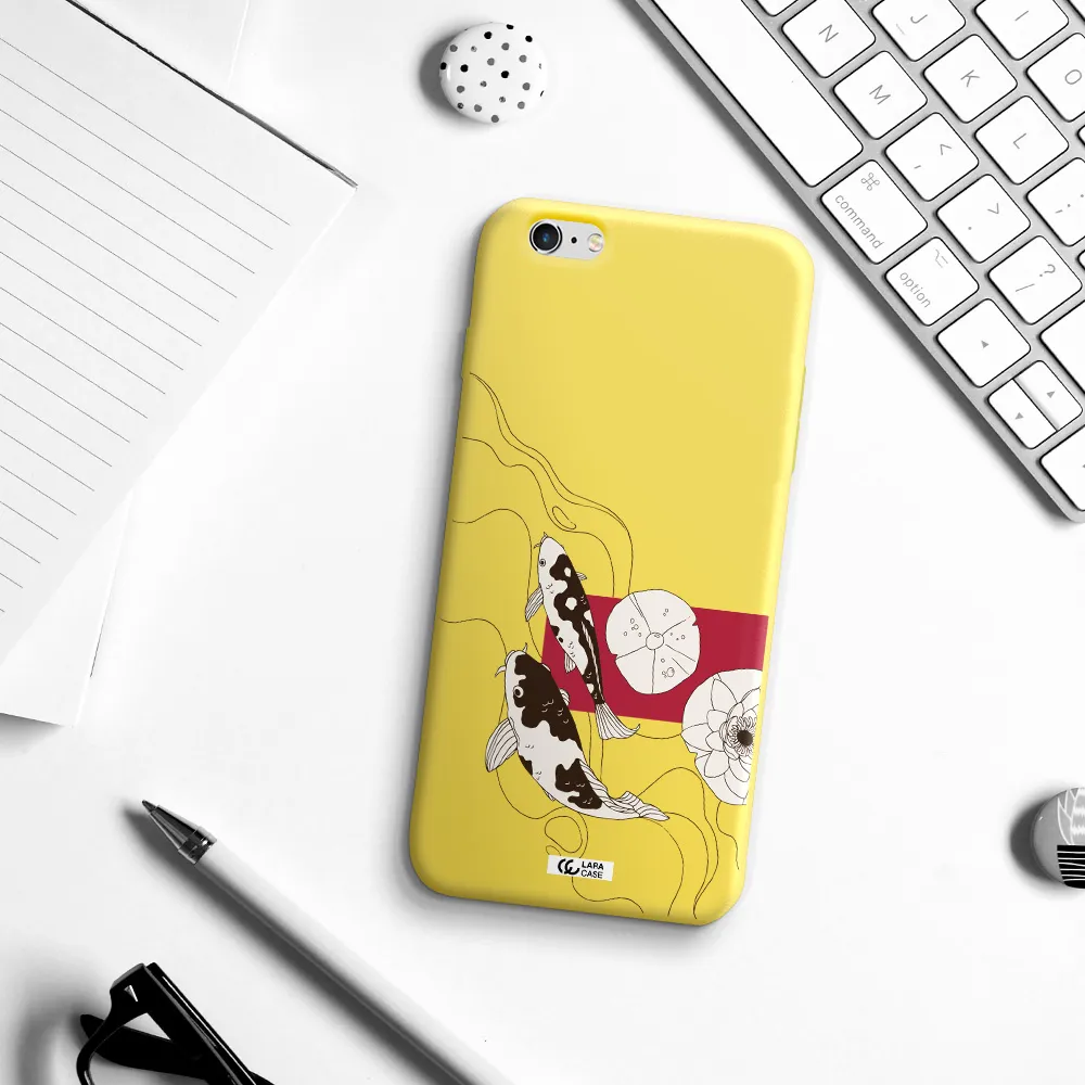 a black and white illustration of fish and flowers Apple iPhone 6 plus Silicone canary yellow Case