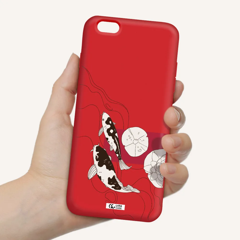 a black and white illustration of fish and flowers Apple iPhone 6 plus Silicone Imperial Red Case