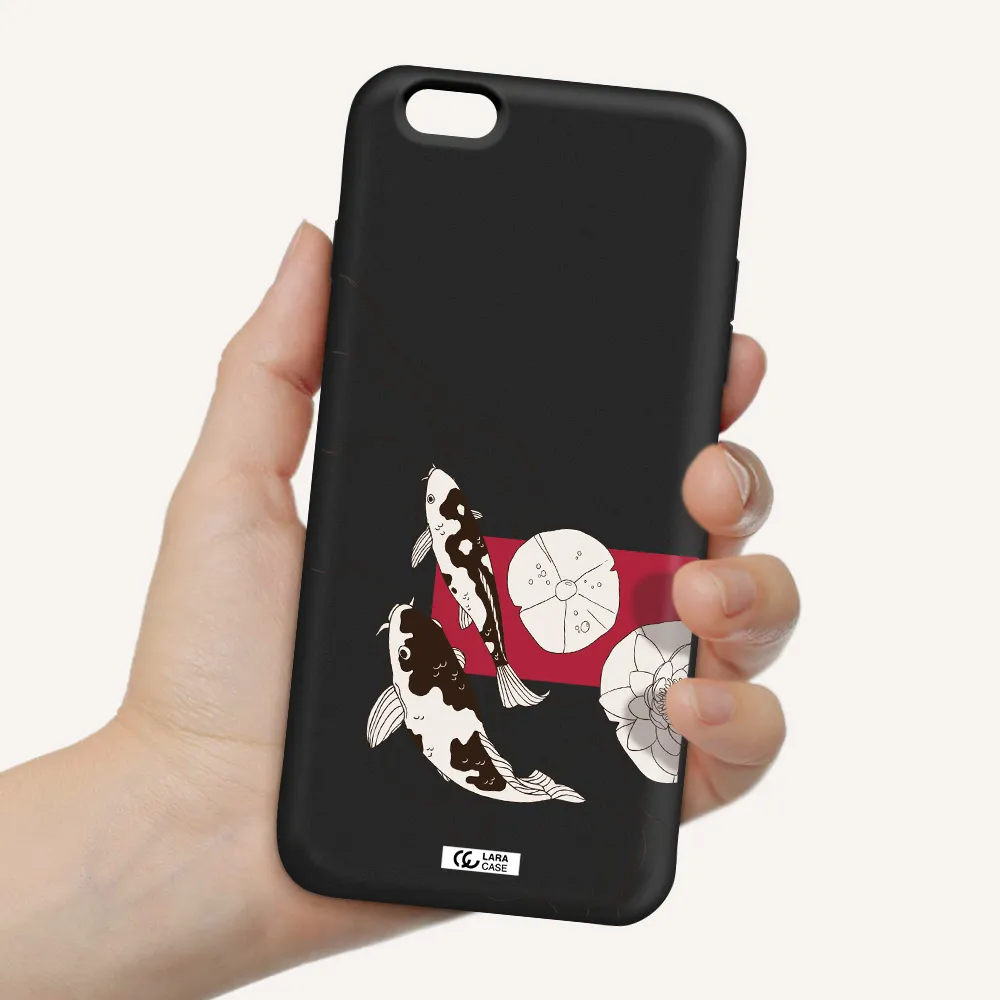 a black and white illustration of fish and flowers Apple iPhone 6 s plus Silicone black Case