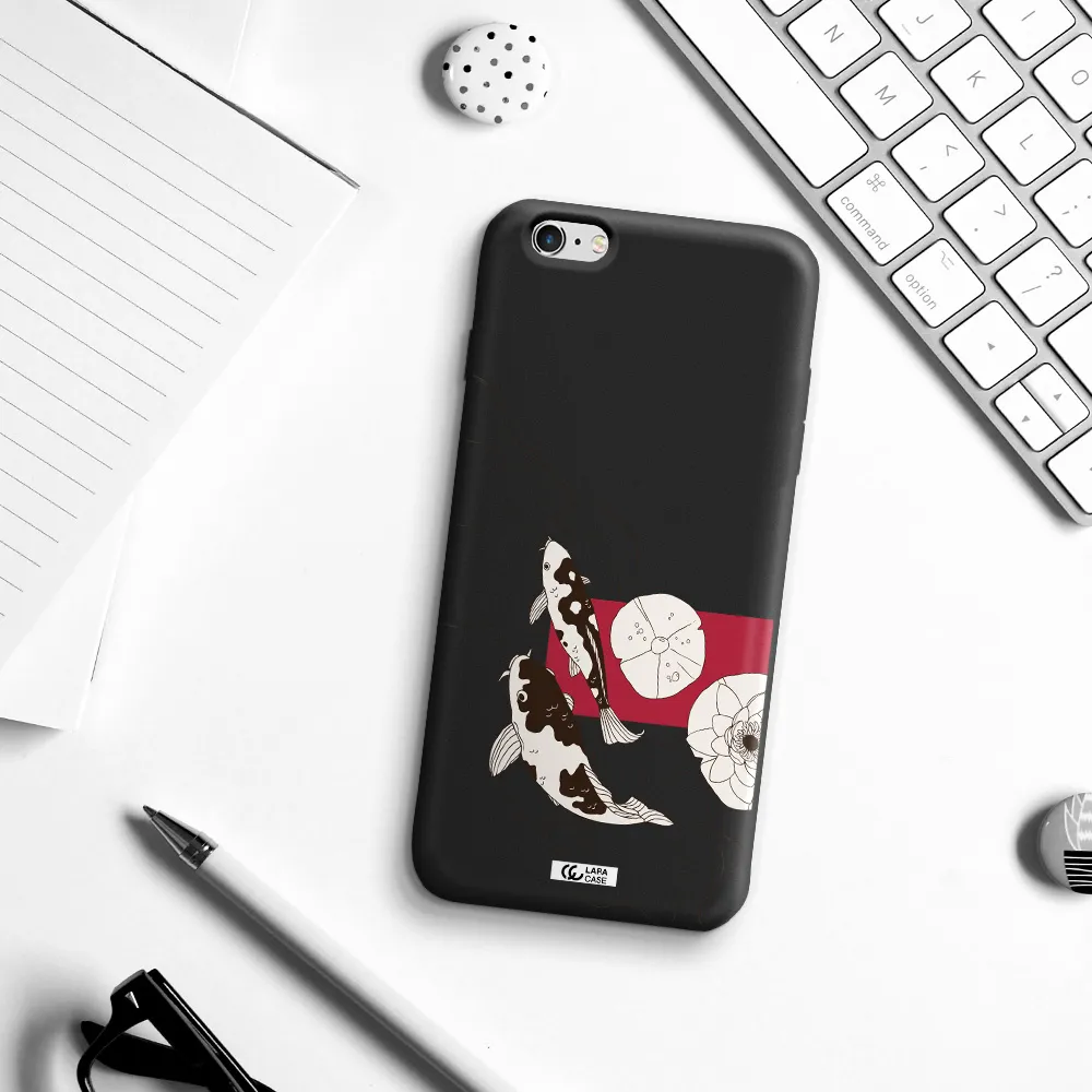 a black and white illustration of fish and flowers Apple iPhone 6 s plus Silicone black Case