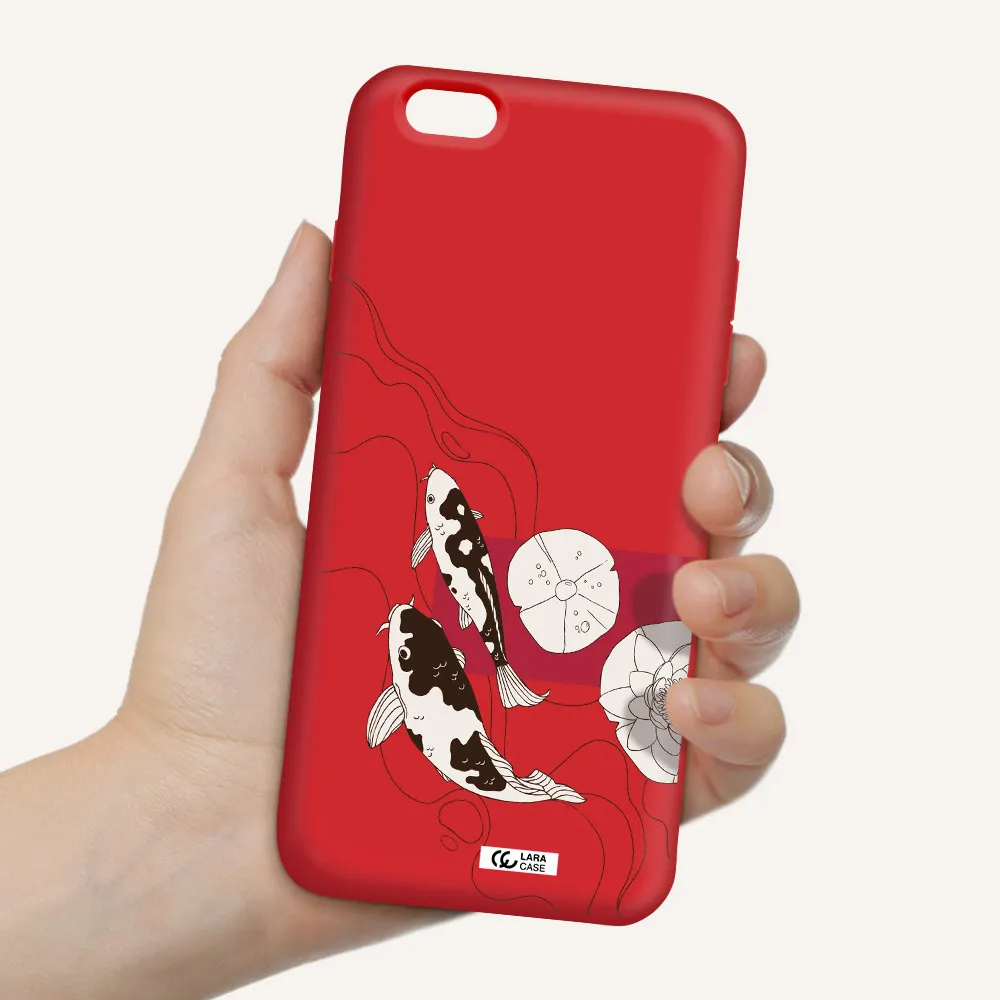 a black and white illustration of fish and flowers Apple iPhone 6 s plus Silicone Imperial Red Case