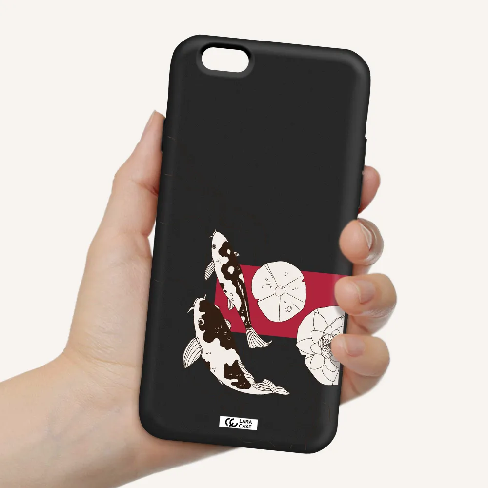 a black and white illustration of fish and flowers Apple iPhone 6 Silicone black Case
