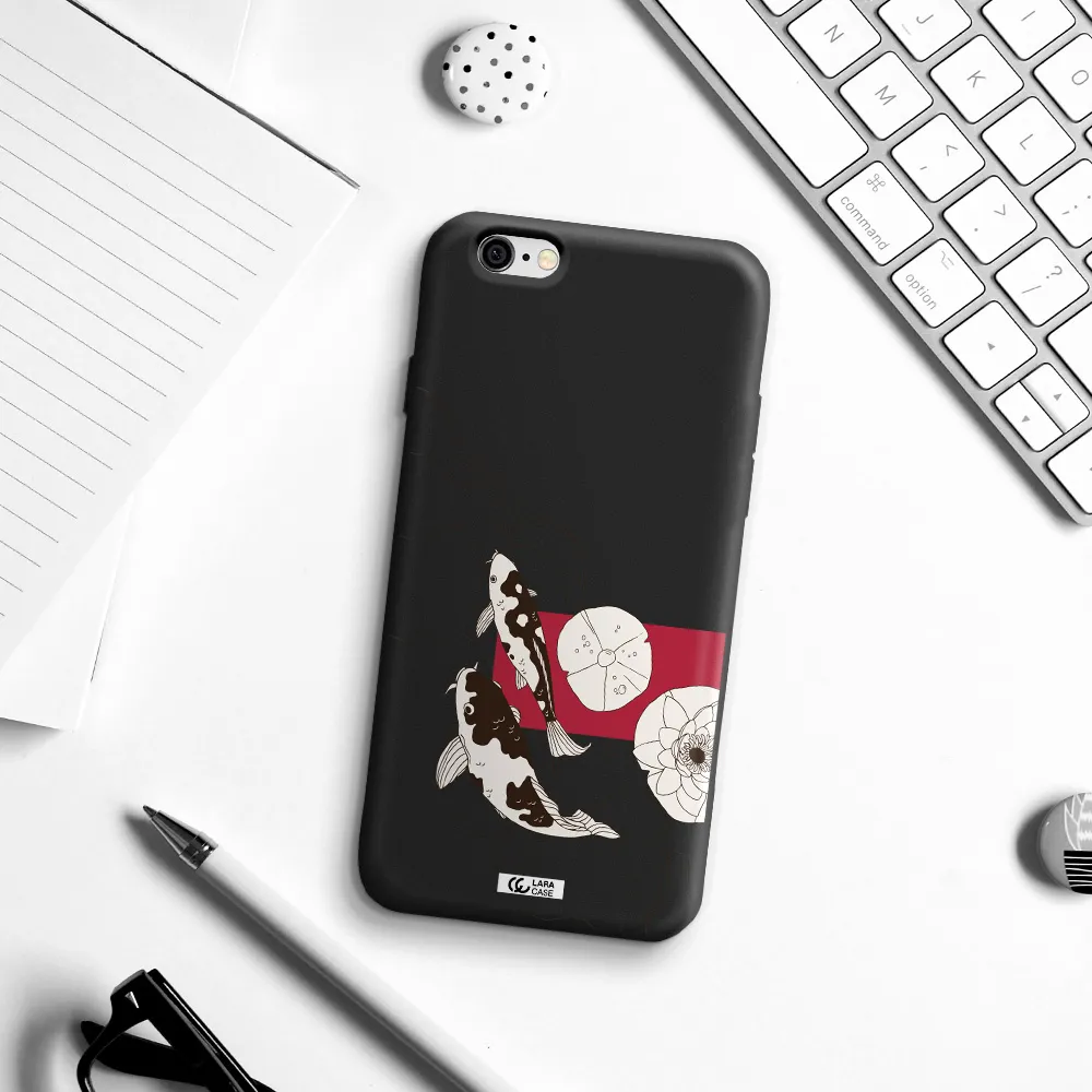 a black and white illustration of fish and flowers Apple iPhone 6 Silicone black Case