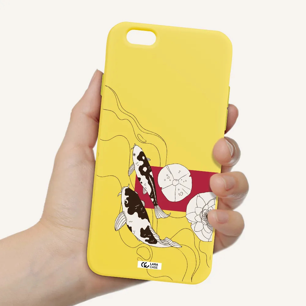 a black and white illustration of fish and flowers Apple iPhone 6 Silicone canary yellow Case