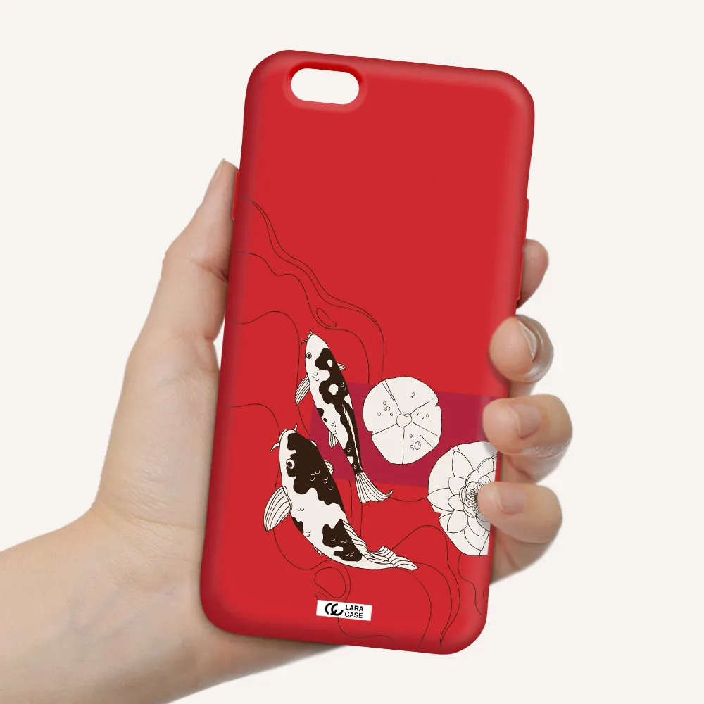 a black and white illustration of fish and flowers Apple iPhone 6 Silicone Imperial Red Case