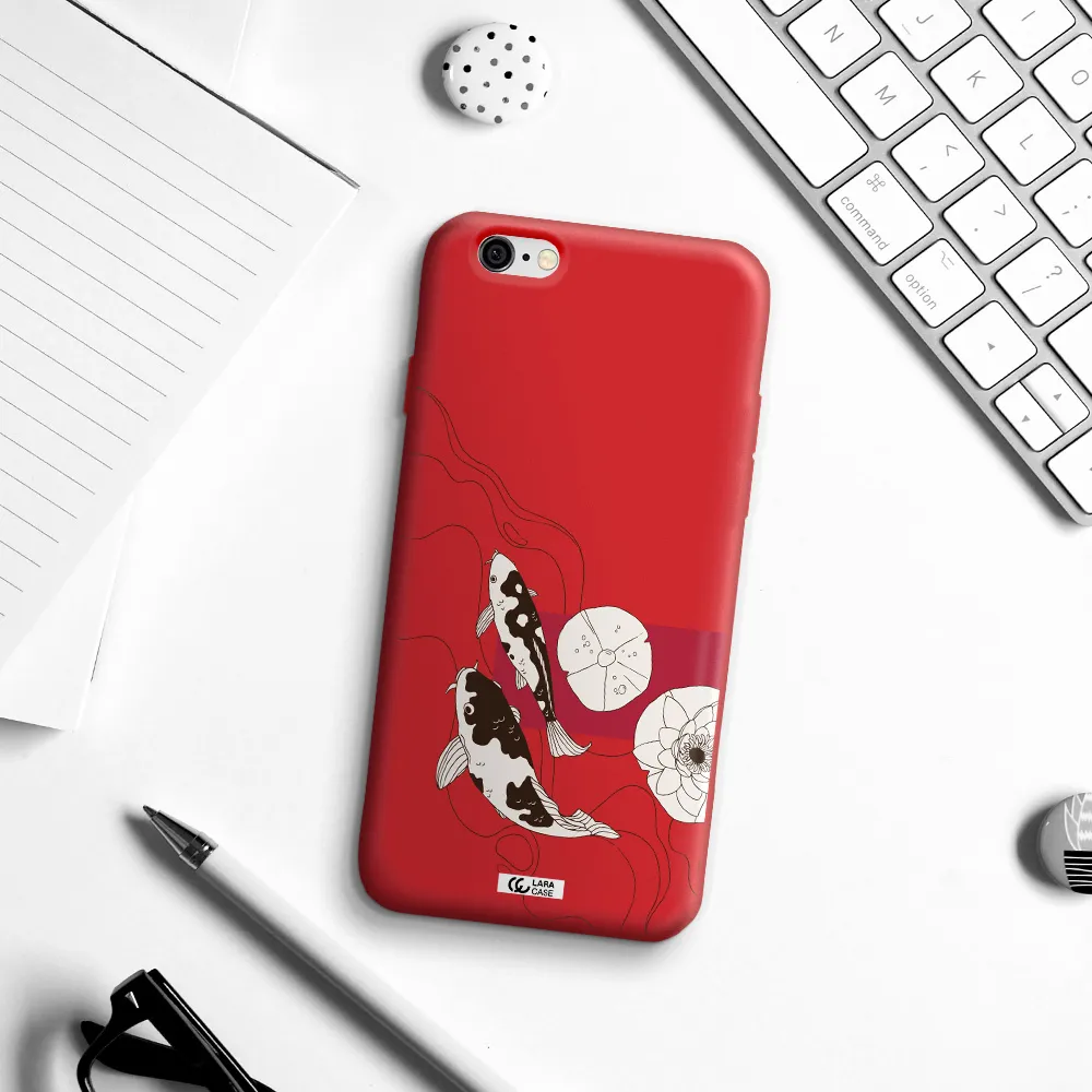 a black and white illustration of fish and flowers Apple iPhone 6 Silicone Imperial Red Case