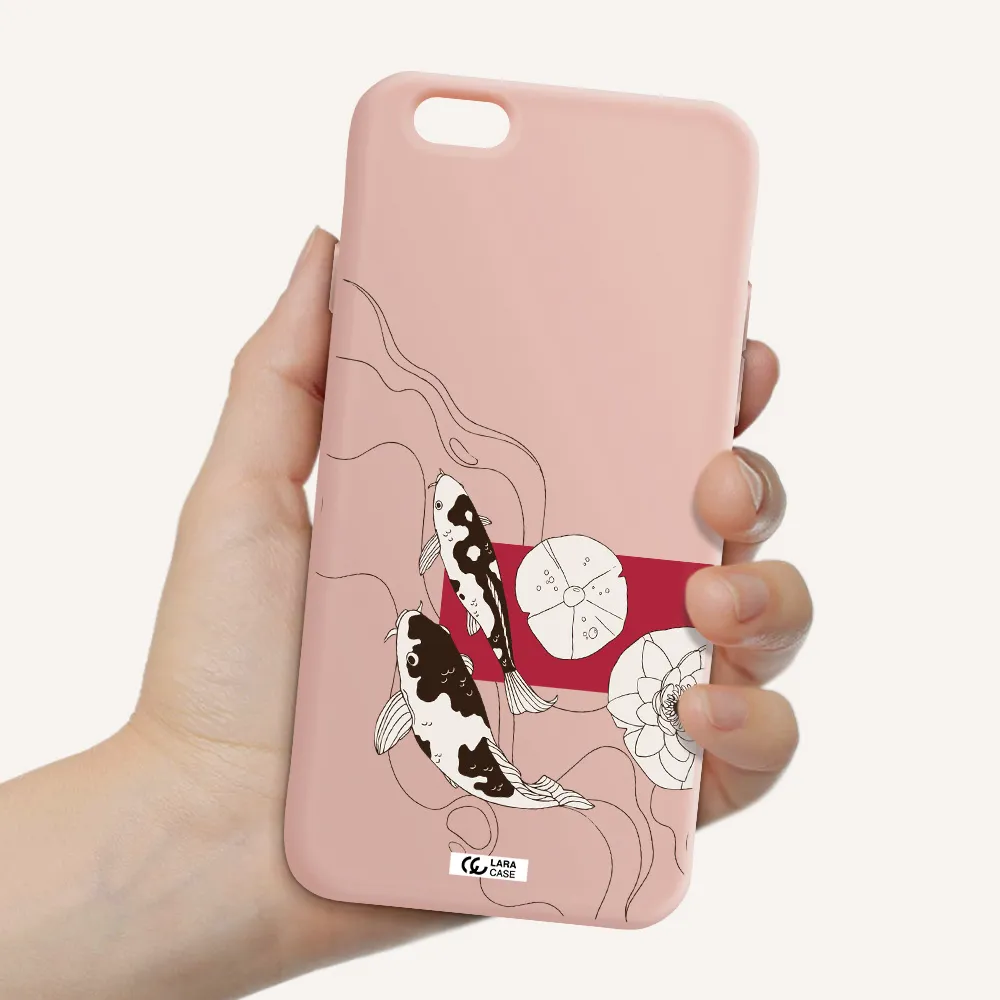 a black and white illustration of fish and flowers Apple iPhone 6 Silicone pastel pink Case