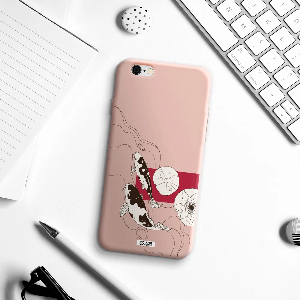 a black and white illustration of fish and flowers Apple iPhone 6 Silicone pastel pink Case