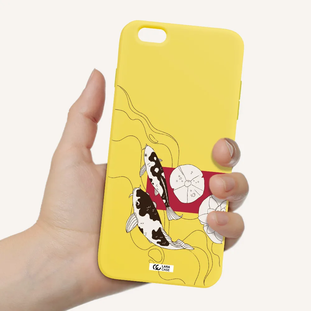 a black and white illustration of fish and flowers Apple iPhone 6S Silicone canary yellow Case