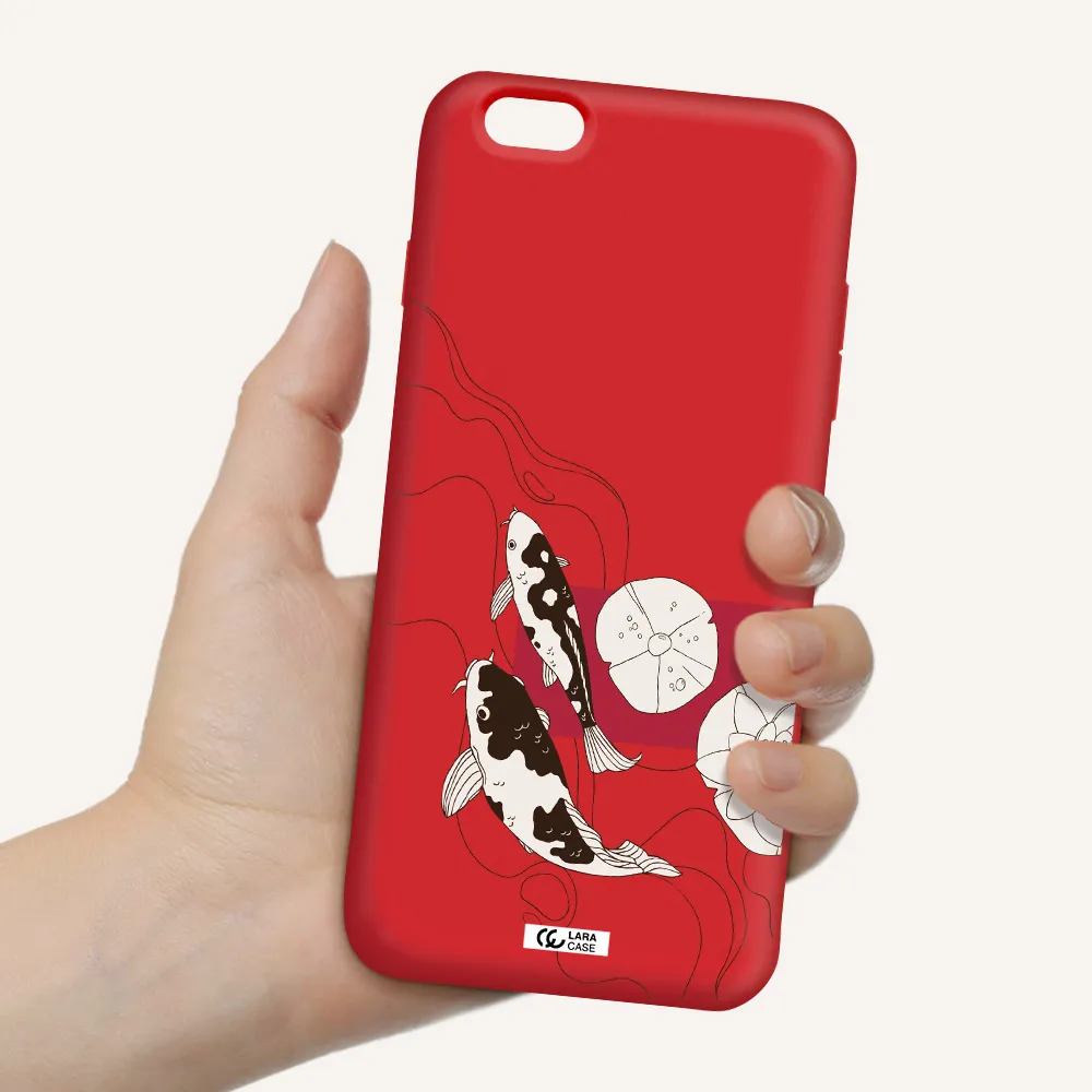 a black and white illustration of fish and flowers Apple iPhone 6S Silicone Imperial Red Case