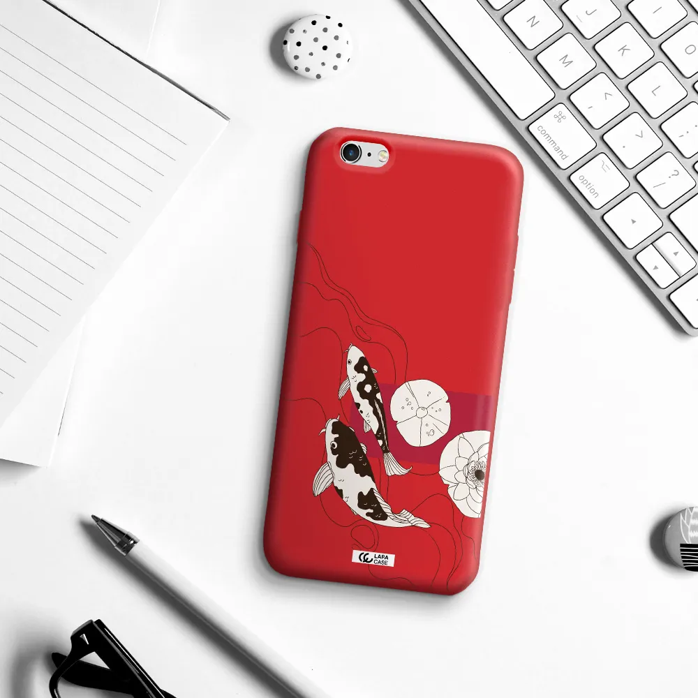 a black and white illustration of fish and flowers Apple iPhone 6S Silicone Imperial Red Case