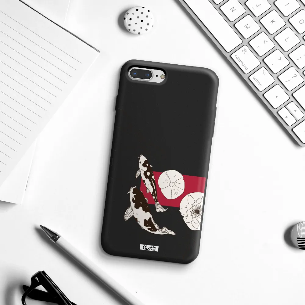 a black and white illustration of fish and flowers Apple iPhone 7 plus Silicone black Case