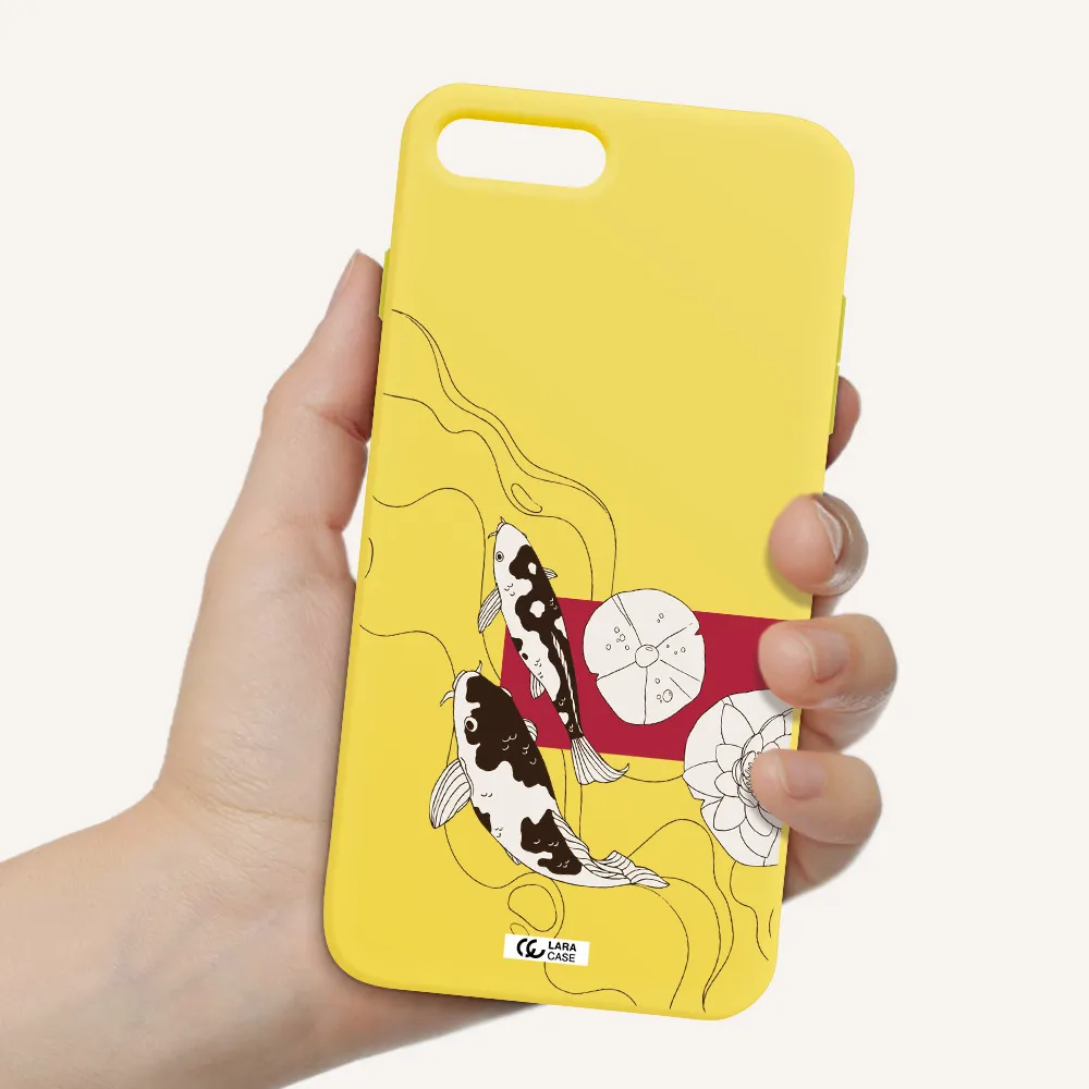 a black and white illustration of fish and flowers Apple iPhone 7 plus Silicone canary yellow Case