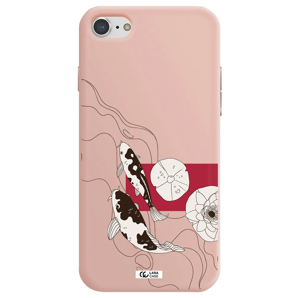 a black and white illustration of fish and flowers Apple iPhone 7 Silicone pastel pink Case