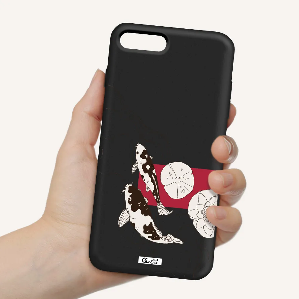 a black and white illustration of fish and flowers Apple iPhone 8 plus Silicone black Case