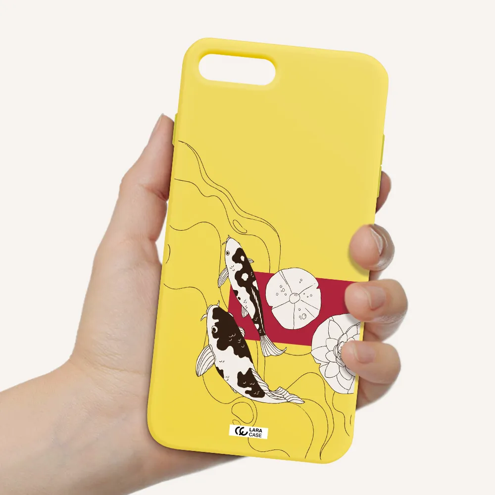 a black and white illustration of fish and flowers Apple iPhone 8 plus Silicone canary yellow Case