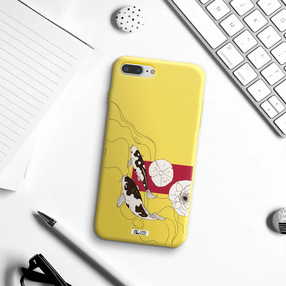 a black and white illustration of fish and flowers Apple iPhone 8 plus Silicone canary yellow Case