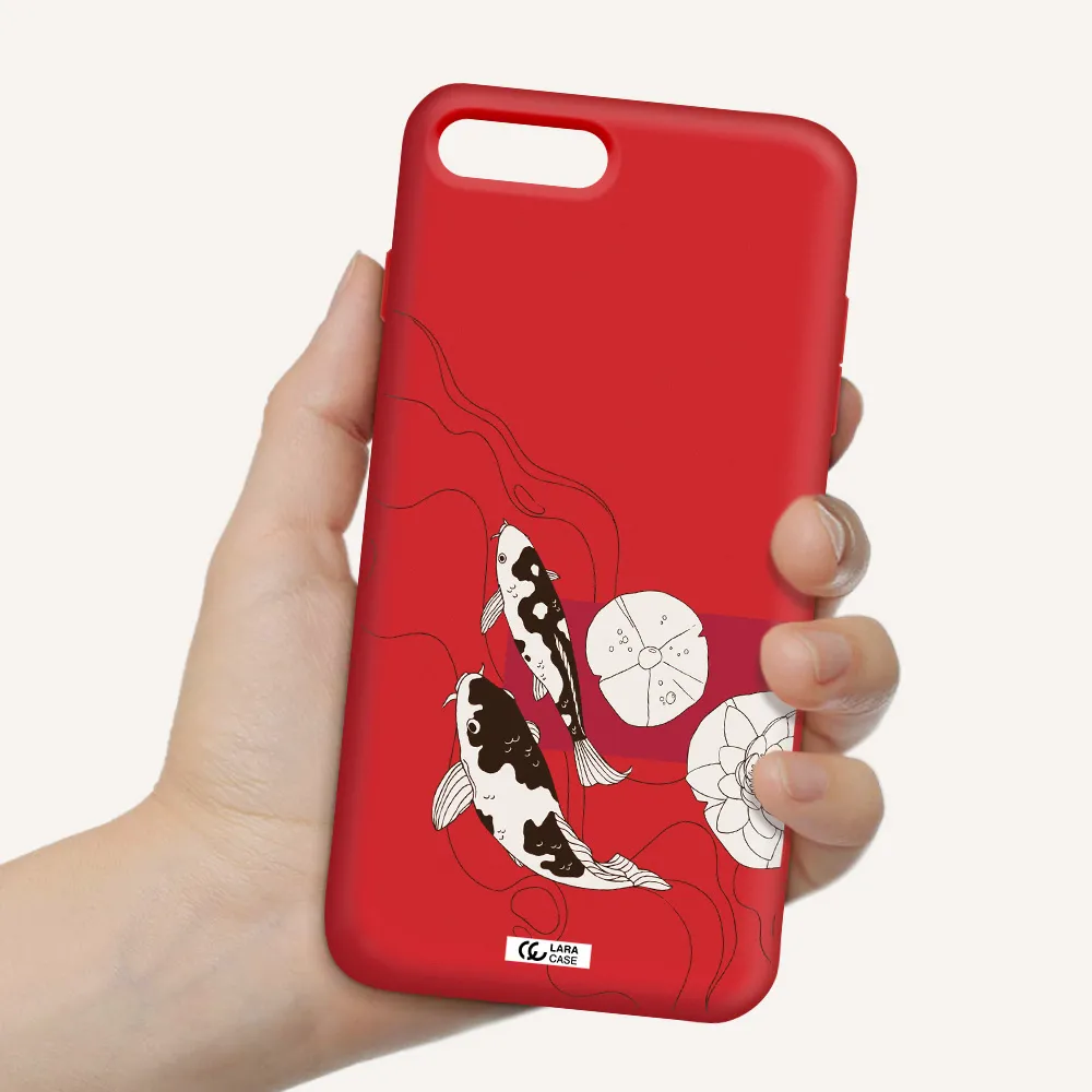 a black and white illustration of fish and flowers Apple iPhone 8 plus Silicone Imperial Red Case