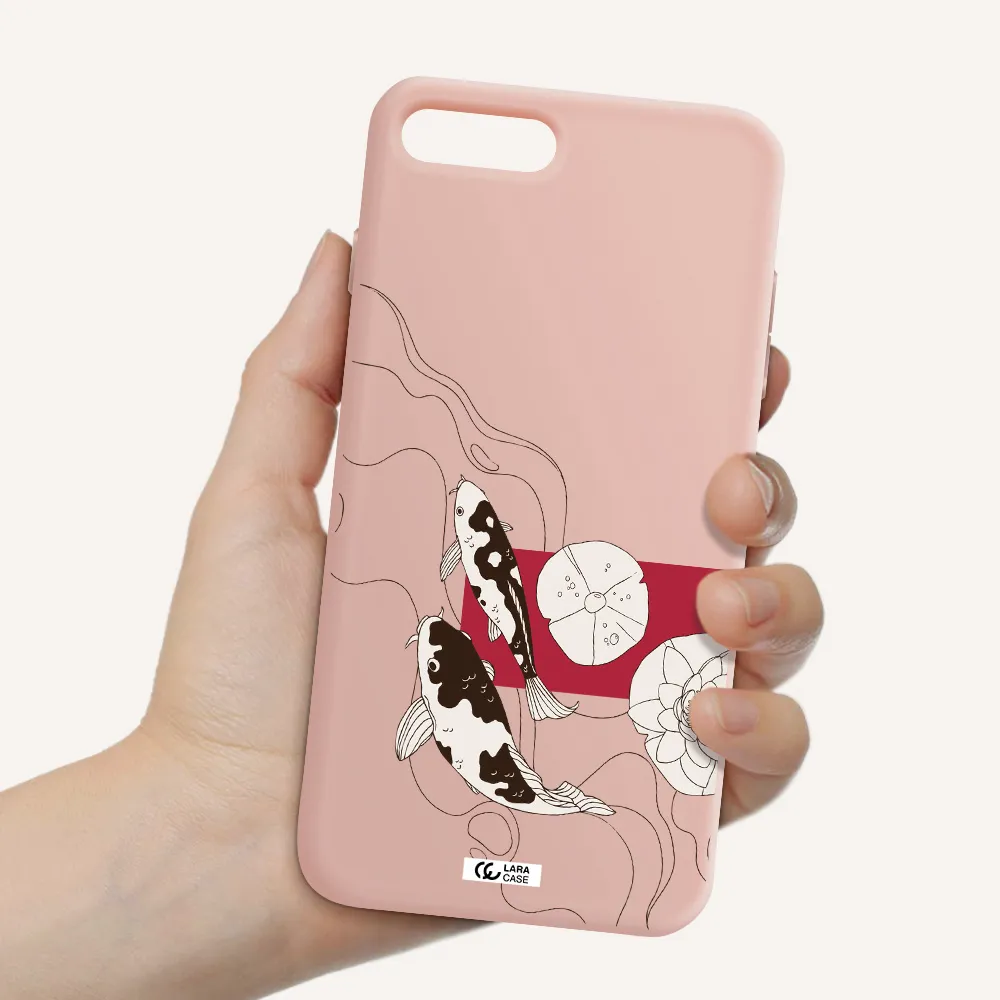 a black and white illustration of fish and flowers Apple iPhone 8 plus Silicone pastel pink Case