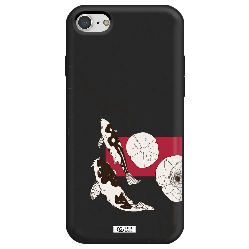a black and white illustration of fish and flowers Apple iPhone 8 Silicone black Case