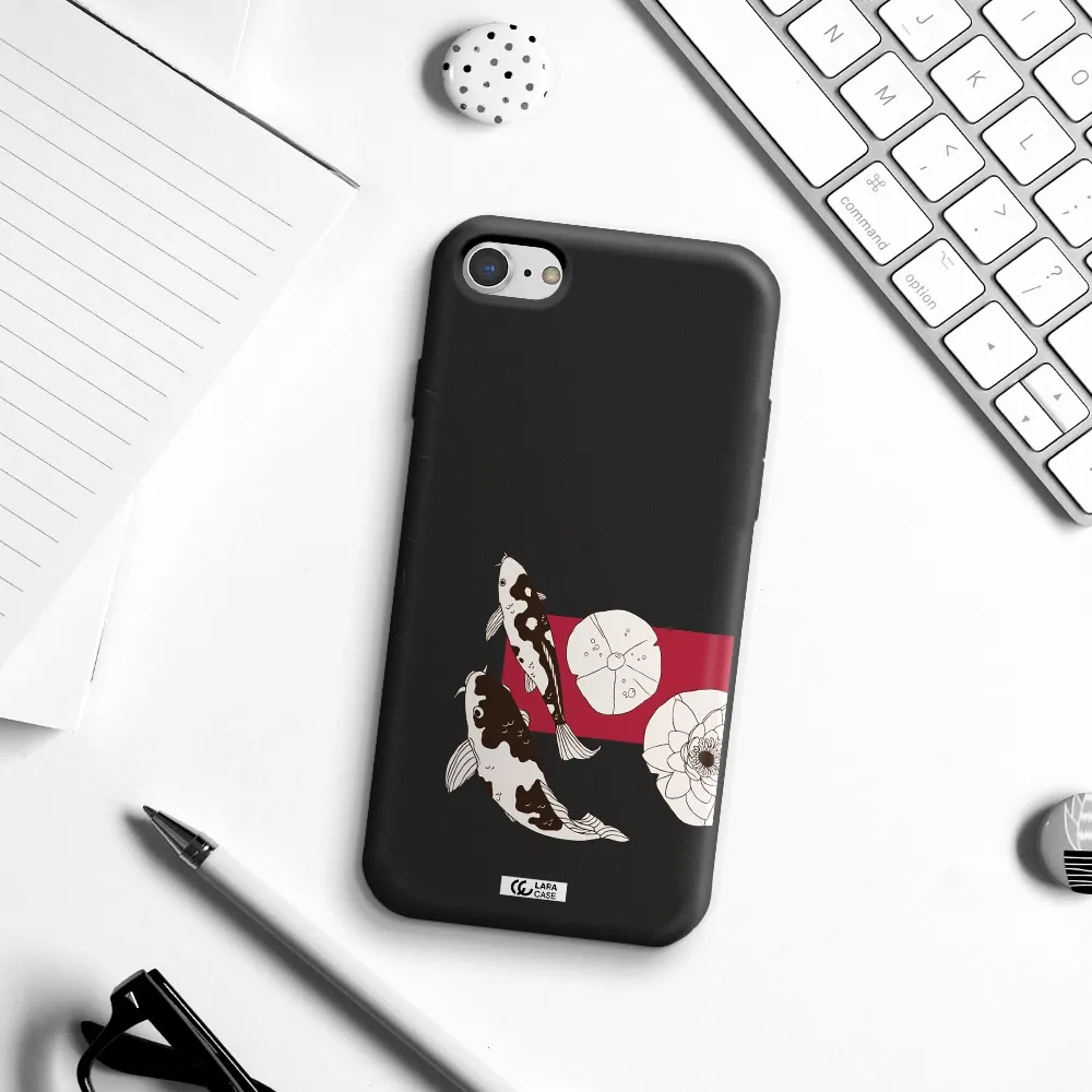 a black and white illustration of fish and flowers Apple iPhone 8 Silicone black Case