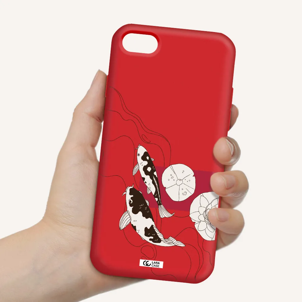 a black and white illustration of fish and flowers Apple iPhone 8 Silicone Imperial Red Case