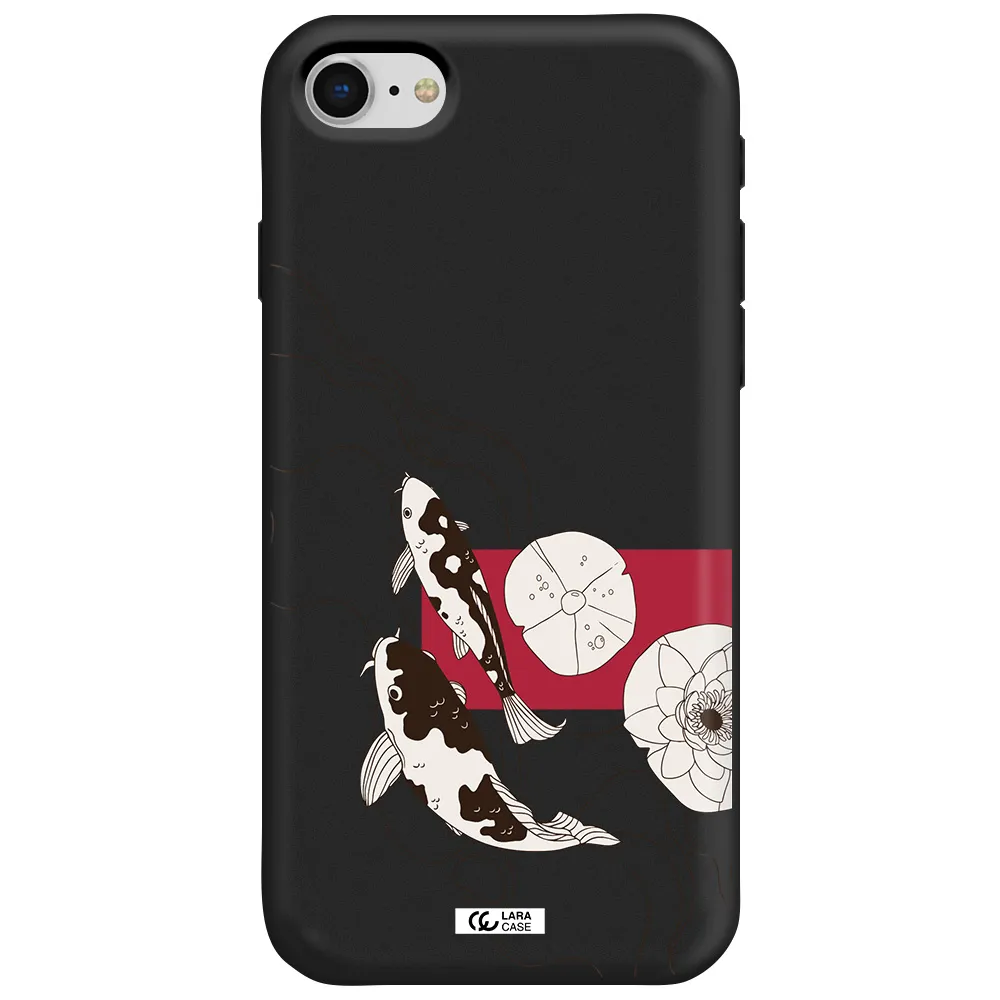 a black and white illustration of fish and flowers Apple iPhone se 2020 Silicone black Case