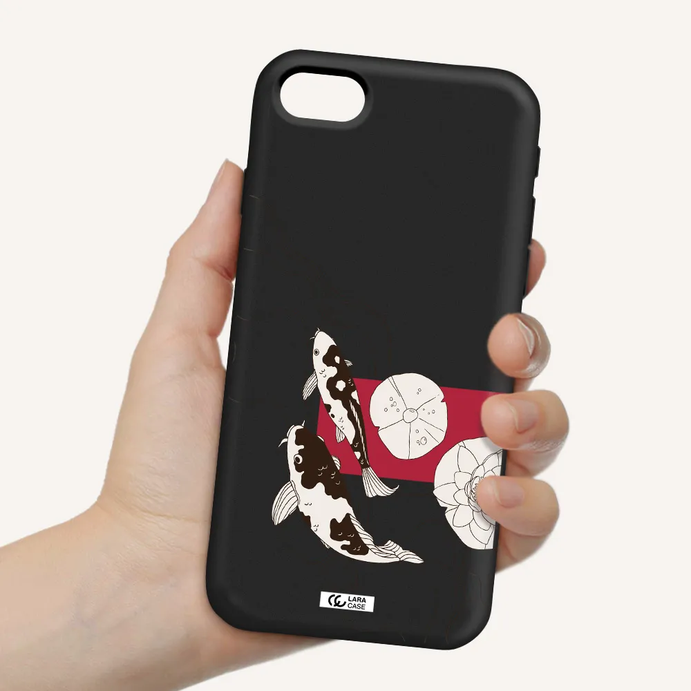 a black and white illustration of fish and flowers Apple iPhone se 2020 Silicone black Case