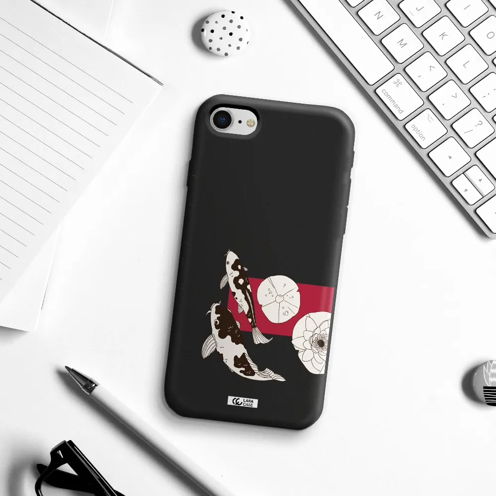 a black and white illustration of fish and flowers Apple iPhone se 2020 Silicone black Case