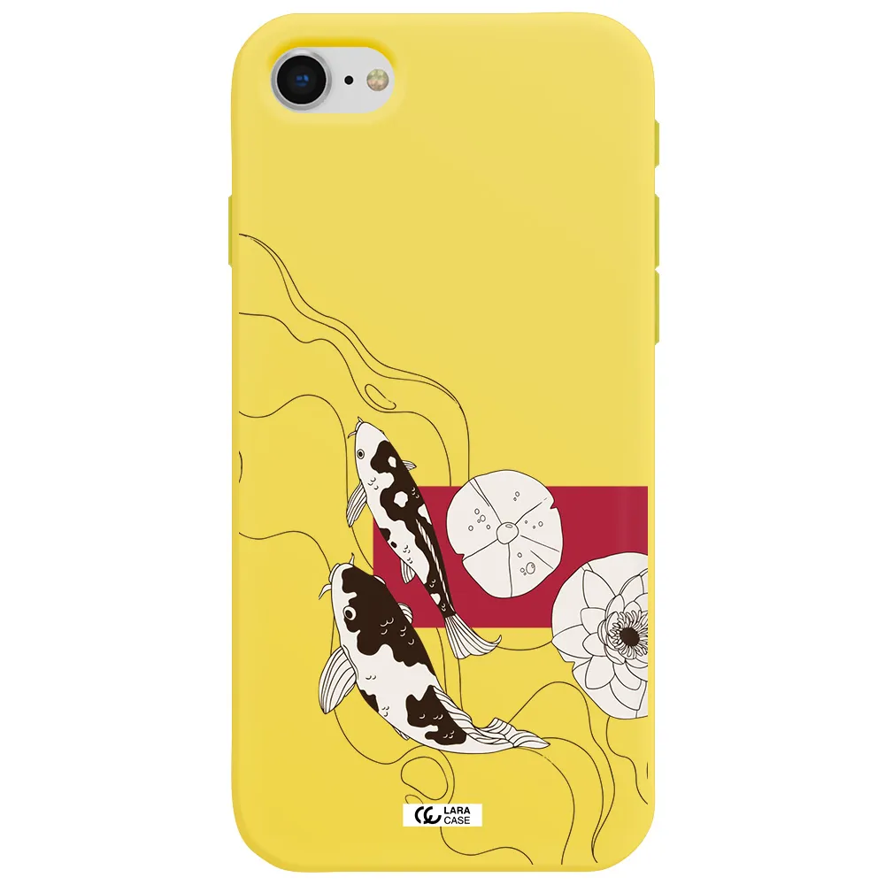 a black and white illustration of fish and flowers Apple iPhone se 2020 Silicone canary yellow Case