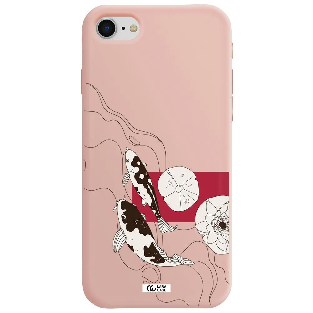 a black and white illustration of fish and flowers Apple iPhone se 2020 Silicone pastel pink Case