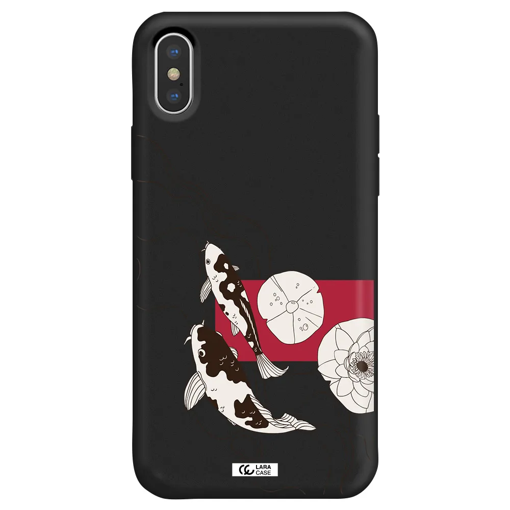 a black and white illustration of fish and flowers Apple iPhone X Silicone black Case