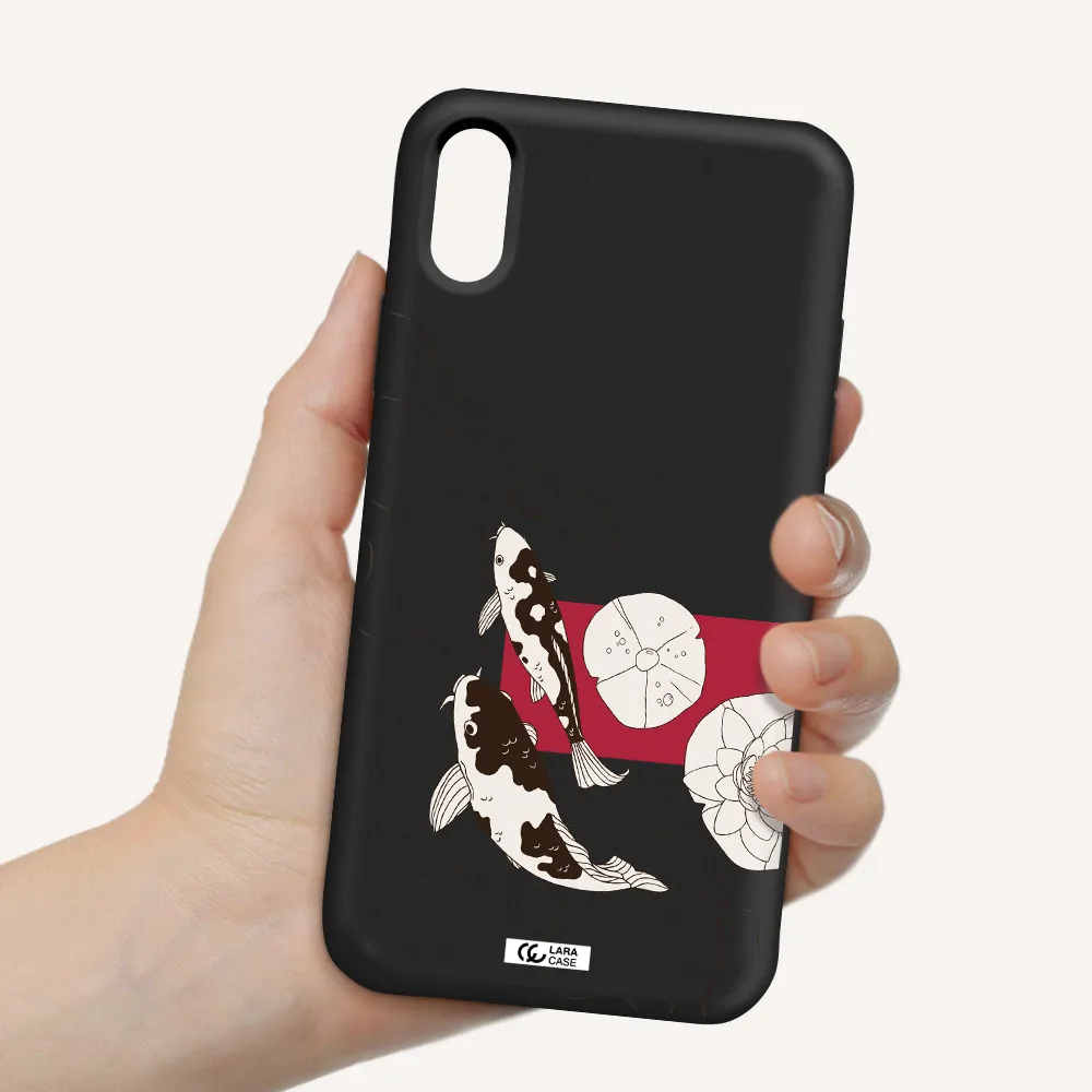 a black and white illustration of fish and flowers Apple iPhone X Silicone black Case
