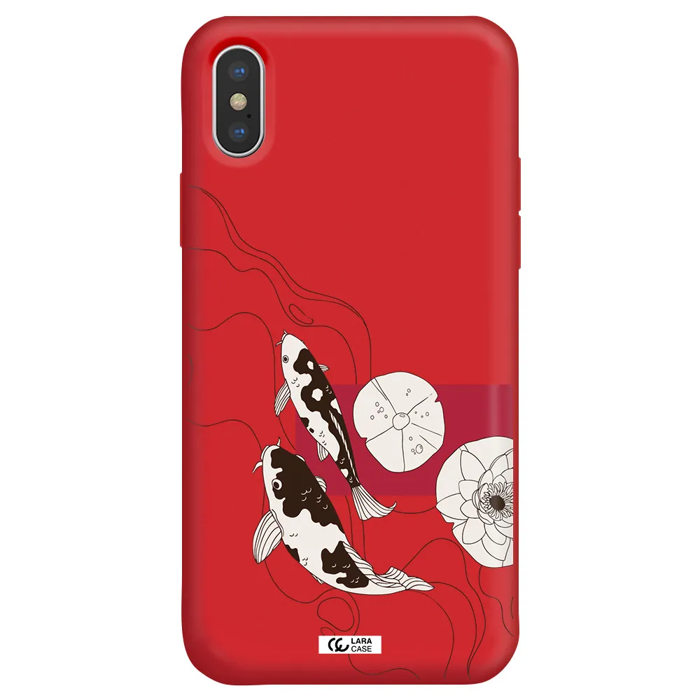 a black and white illustration of fish and flowers Apple iPhone X Silicone Imperial Red Case