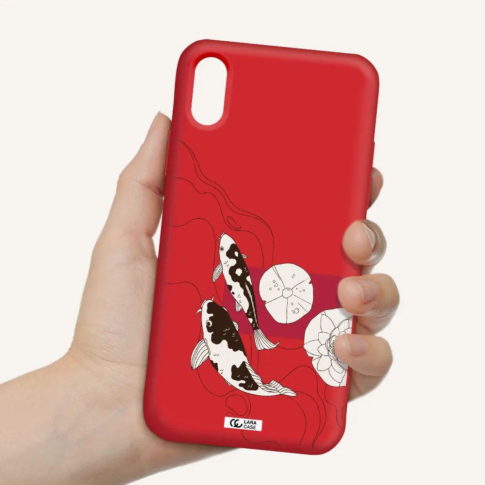 a black and white illustration of fish and flowers Apple iPhone X Silicone Imperial Red Case