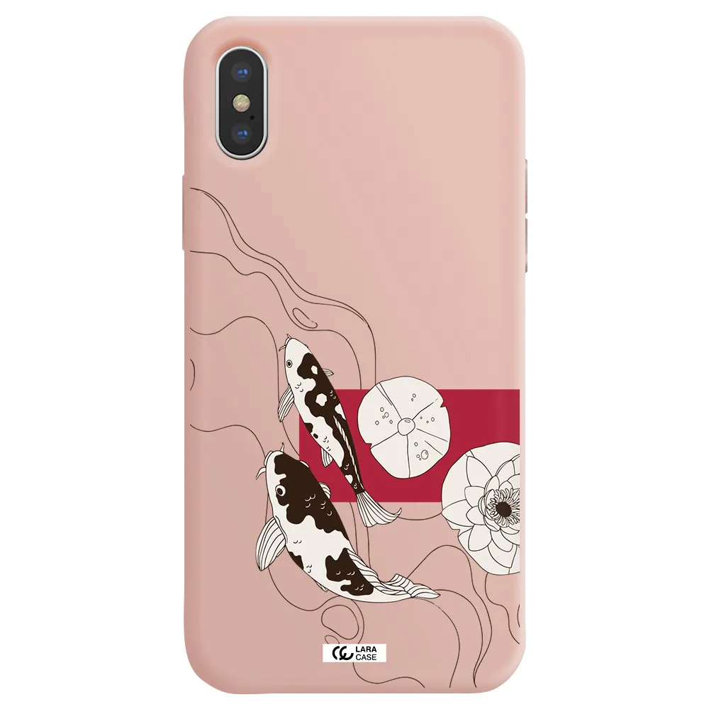 a black and white illustration of fish and flowers Apple iPhone X Silicone pastel pink Case
