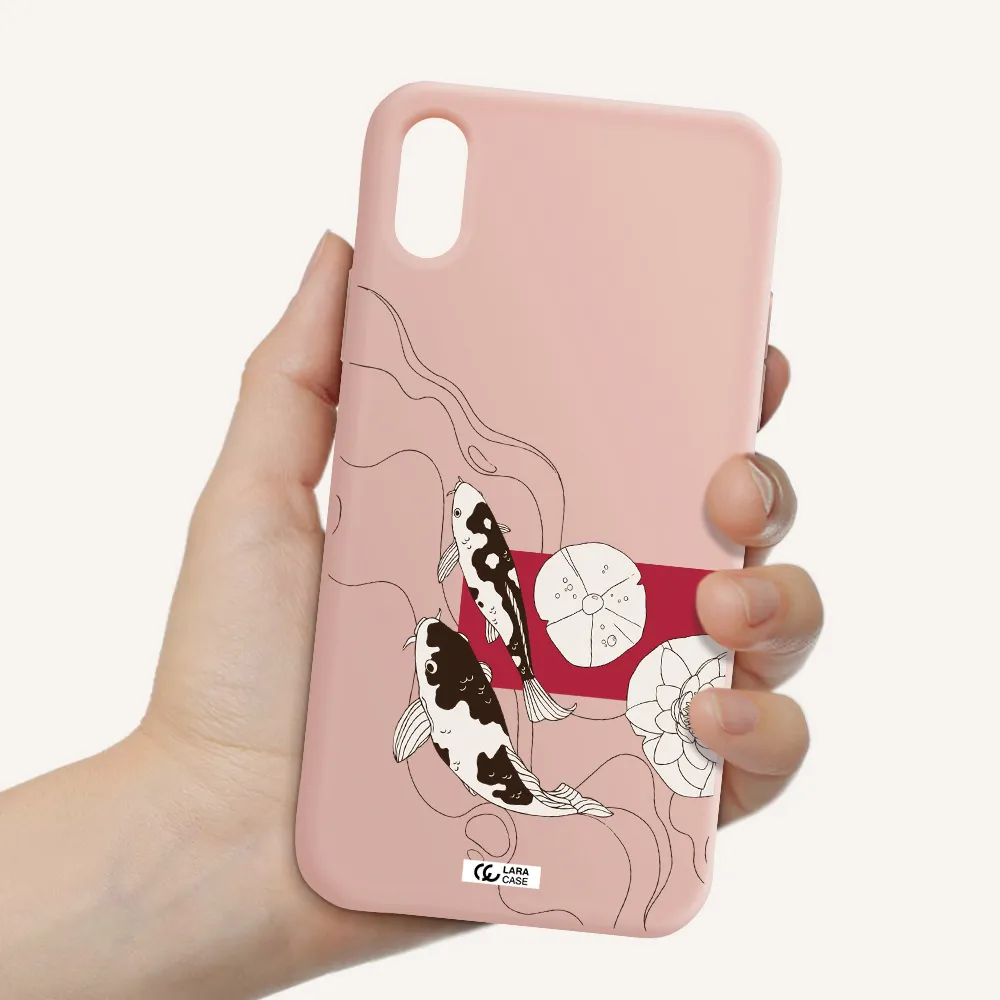 a black and white illustration of fish and flowers Apple iPhone X Silicone pastel pink Case