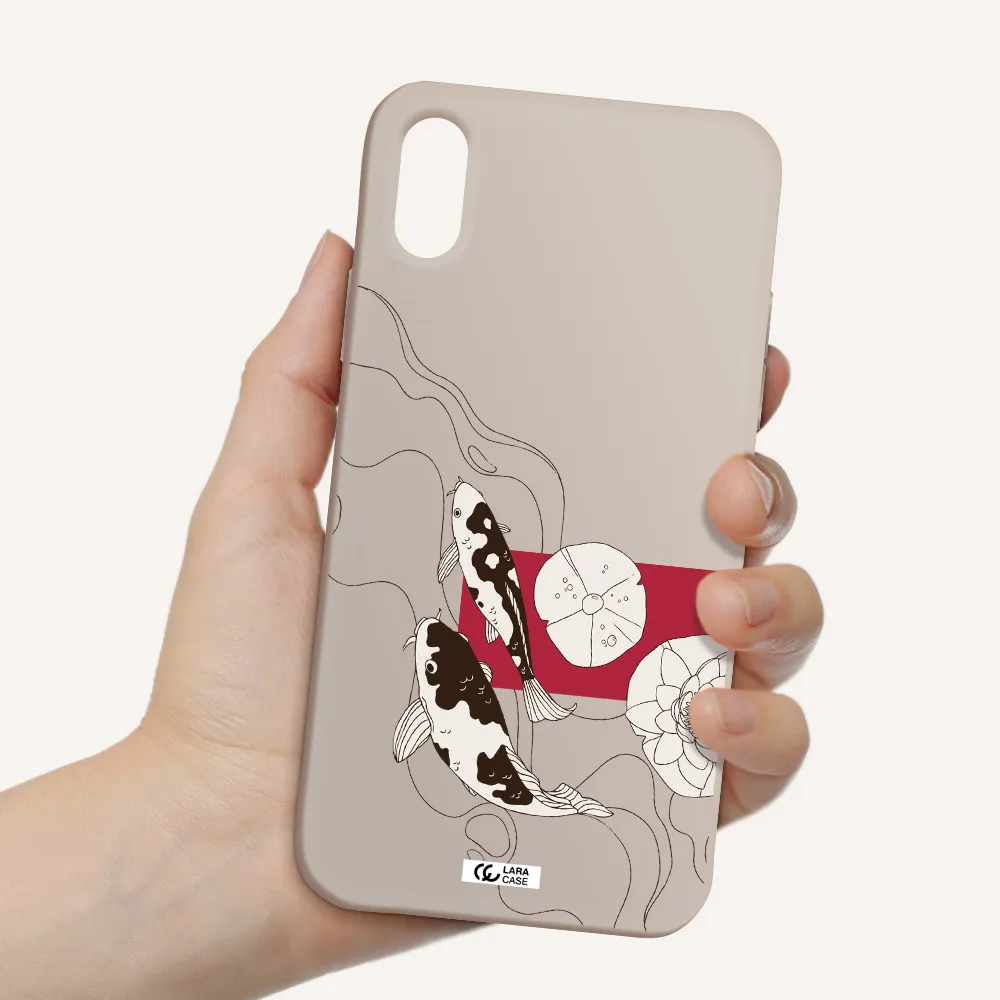 a black and white illustration of fish and flowers Apple iPhone X Silicone Stone Case