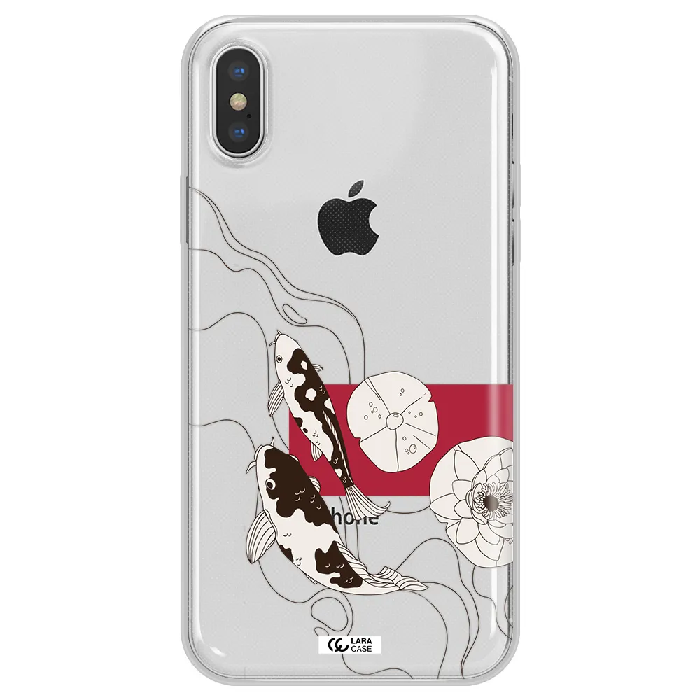 a black and white illustration of fish and flowers Apple iPhone XS Clear TPU Case