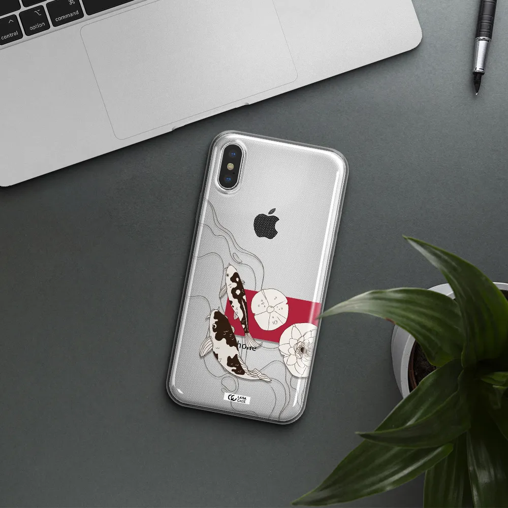 a black and white illustration of fish and flowers Apple iPhone XS Clear TPU Case