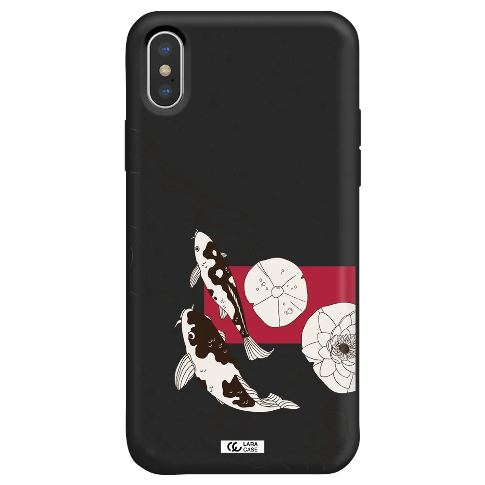 a black and white illustration of fish and flowers Apple iPhone XS Silicone black Case