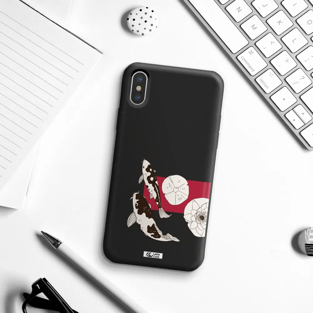 a black and white illustration of fish and flowers Apple iPhone XS Silicone black Case