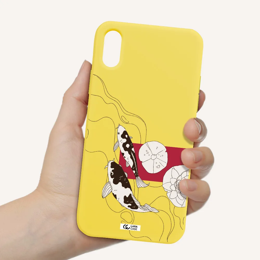 a black and white illustration of fish and flowers Apple iPhone XS Silicone canary yellow Case