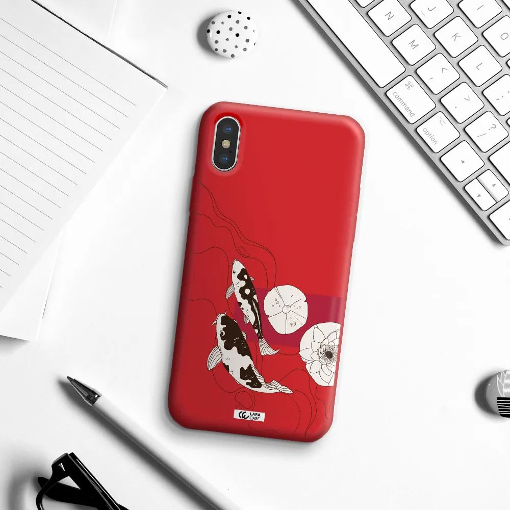 a black and white illustration of fish and flowers Apple iPhone XS Silicone Imperial Red Case