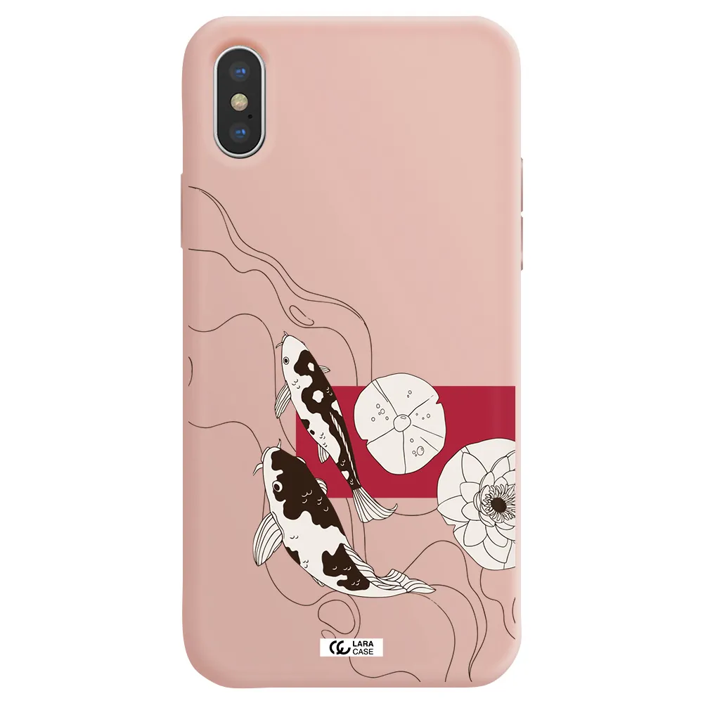 a black and white illustration of fish and flowers Apple iPhone XS Silicone pastel pink Case
