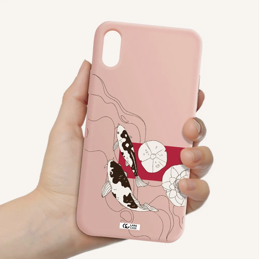 a black and white illustration of fish and flowers Apple iPhone XS Silicone pastel pink Case