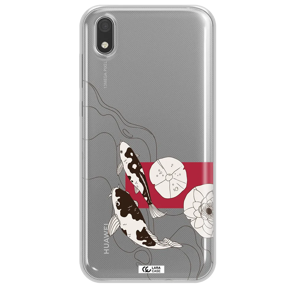 a black and white illustration of fish and flowers Huawei Honor 8S Clear TPU Case